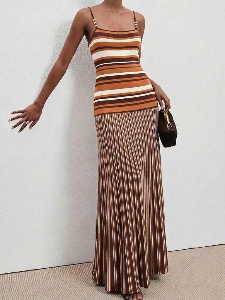 Brown Casual Women's Striped Minimalist Camisole Sweater Dress